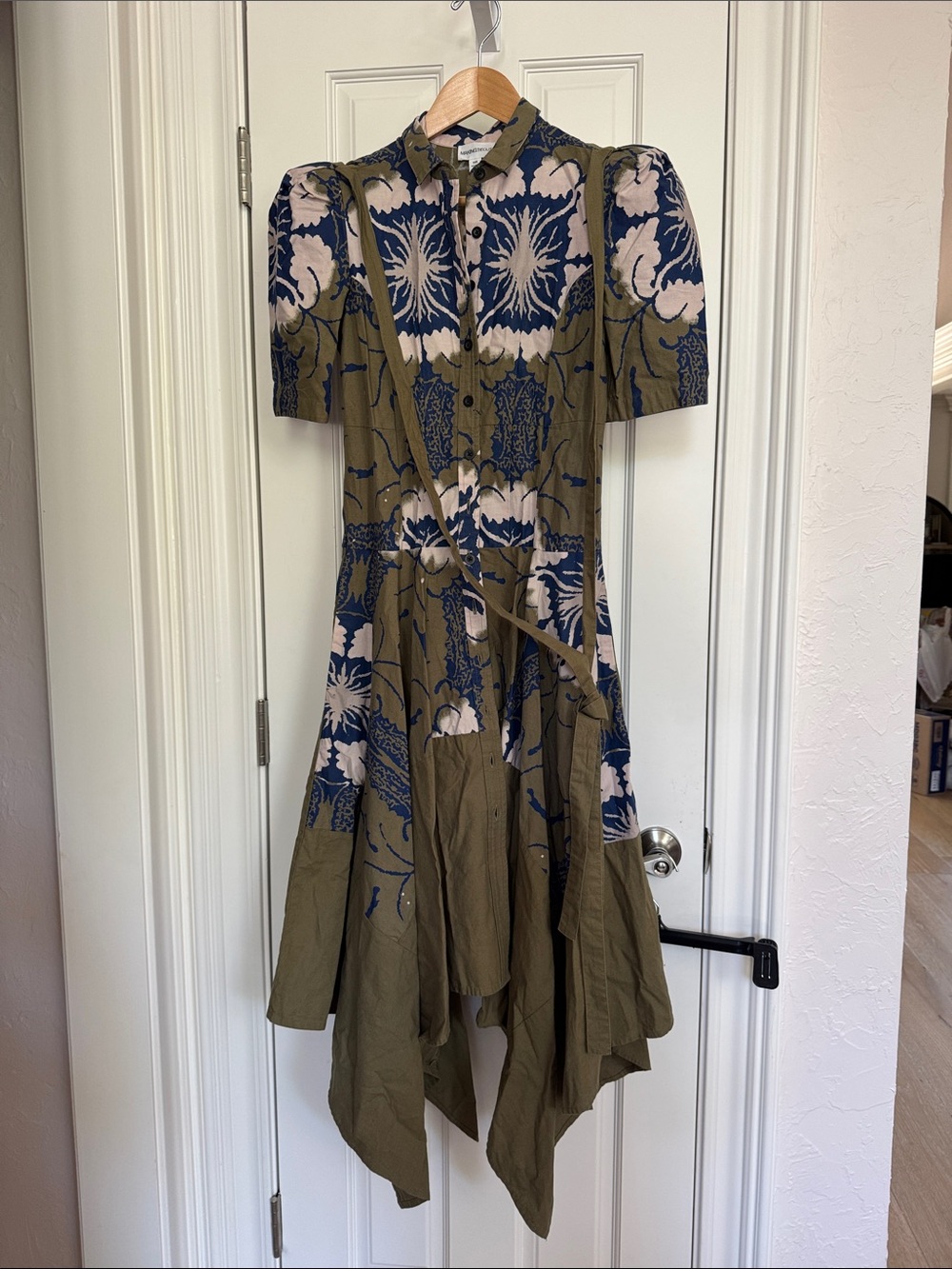 Olive Floral Asymmetrical Shirt Making the Cut Dress with Tie